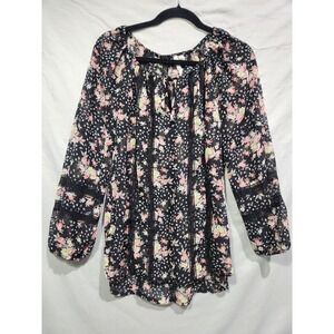 Lauren Conrad Sheer Boho Floral  Blouse W Black Vertical Lace Billowy Sleeves XS